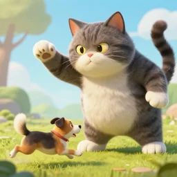 a huge monster cat trying to catch a dog that running away from it, 4k, artstation