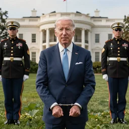 Joe Biden being arrested in cuffs at the White House by U.s. military men