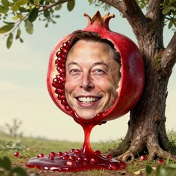elon musk!!! photorealistic smiling face seen in a pomegranate about to burst, leaking disgusting ketchup, growing from tree, gregory rutkowski, arcimboldo, dali