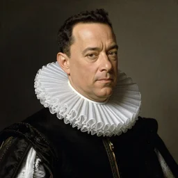 a candid sixteenth - century painting of tom hanks wearing an elizabethan ruff
