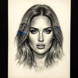 realism tattoo sketch of a megan fox face in a double exposure effect with mountain scenery, in the style of matteo pasqualin, amazing detail, sharp, faded