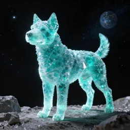 a photograph of a huge crystalized turquoise colored dog in space