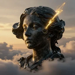 epic, abstract sculpture of beautiful female face and black swirling liquifying acrylic portrait, fluffy clouds, golden hour, beautiful light, 3 d sculpture of carving marble, dark colors, dark mood, one point lightning, golden spirals
