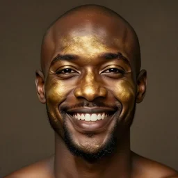 a bald black man smiling, golden face paint