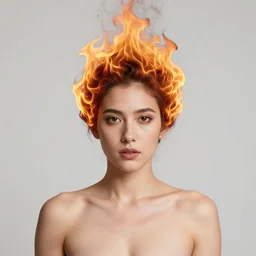 perfectly centered portrait, goddess of fire with hair made of flames, by anne stokes, highly detailed, professional portrait photography, candid photography