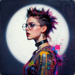 a punk girl wearing circular glasses, wearing a choker, side portrait, defiant, passionate, spotlight, paint drips, glitching paint splatter, vibrant colors, dramatic, canvas texture, futuristic clothing, digital collage painting by marco paludet, by jeremy mann, by hannah hoch