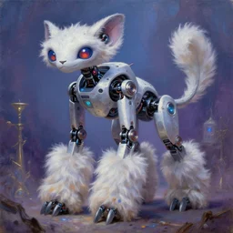 robotic lynx with the big floofy feet, enchanted magical fantasy cyberpunk. oil painting