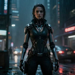 jennifer connely as a cyborg in a cyberpunk movie in a distopic futuristic city in the style of bladerunner, movie still, highly detailed, rainy night, volumetric lights, dramatic, scifi