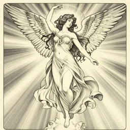 goddess angel of tranquility::1 hyper detailed, character concept, full body, dynamic pose::2 intricate, lineart, cerpuscular rays, by yoshitaka amano, alfons mucha, 4k