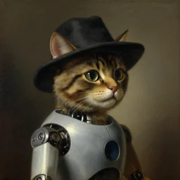 a cat robot wearing a hat, oil painting, atmospheric lighting, highly detailed rembrandt van rijn, aert de gelder, esaias van de velde