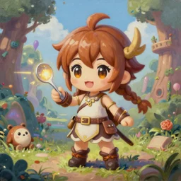 oil painting of a cute chibi MapleStory female, casting a spell with a teaspoon, wearing a MapleStory archer outfit, sharp focus, fantasy style, octane render, volumetric lighting, 8k high definition, by greg rutkowski, highly detailed, trending on artstation, magic the gathering artwork, Perion background from MapleStory, centered