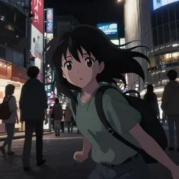 anime visual, dark portrait of a young female traveler in shibuya at night shopping, low light, cute face by ilya kuvshinov, yoh yoshinari, makoto shinkai, dynamic pose, dynamic perspective, cel shaded, flat shading mucha, rounded eyes, moody, detailed facial features, psycho pass