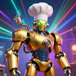 portrait photo of a giant golden and blue metal steampunk robot chef wearing a big chef hat, with steaming pots and pans and tubes, eyes are green lights, shiny crisp finish, 3 d render, 8 k, insaneley detailed, fluorescent colors, background is multicolored lasershow