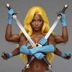 Alluring Mesmer Woman, grown up, light yellow hair, blue eyes, dark brown skin, Light blue gloves and dual swords, multiple arms, by Frank Franzetta, cgsociety, artstationHD, high quality, HD