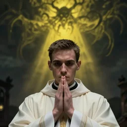 Close up of a young, thin and stern catholic priest in his thirties fervently praying as he is about to die from the ominous terrifying Lovecraftian yellow shadow descending upon him from the night sky. Low angle, dramatic lighting. 4K photograph, 85mm sigma