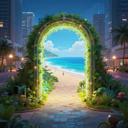 a magical glowing portal in the middle of a city that leads to a beach, through the portal you can see a beach, portal game, realistic