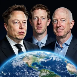 portrait of elon musk, mark zuckerberg and jeff bezos together looking at earth, very detailled, art contest winner on behance, trendy on deviant art, by by artgem, greg rutkowski