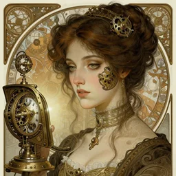 a victorian woman connected to a lovecraftian computer, elegant, defined face, mechanical, clockwork, intricate, elegant, sharp focus, illustration, highly detailed, digital painting, concept art, matte, art by wlop and artgerm and greg rutkowski and alphonse mucha