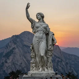 an ultradetailed matte landscape painting of colossal magnificent mountain sized sculpture of a beautiful and elegant woman, sunrise on the horizon in the background, stone hand raised up, 8 k, art by greg rutkowski and alphonse mucha and andreas rocha and albert bierstadt