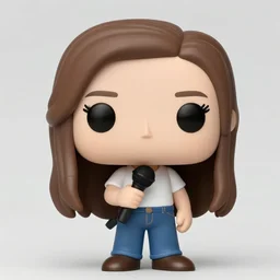 funko pop figurine of cute girl with long straight brown hair and pale skin and white teeshirt and bluejeans with a microphone