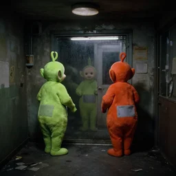 teletubbies in the backrooms, low key, liminal space, old camcorder, darkness, urban exploration