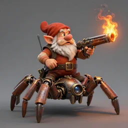 old dwarf with flame shotgun on mechanical arachnid, steampunk, no detailed, quality