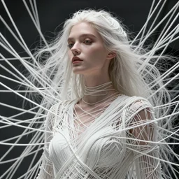 a highly detalied digital image of a beautiful futuristic woman elegantly tangled in white threads, by Andrew Chiampo, artstation, and Frederik Heyman, extremely detailed woman, stunning volumetric lighting, hyper realism, fantasy 4k, 8k