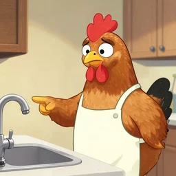 fan art of an anthropomorphized hen with a worried expression, wearing an apron, pointing to the kitchen sink, Memo Angeles