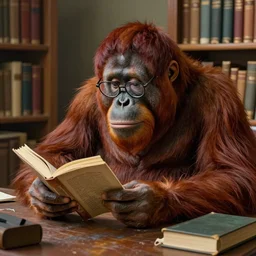 a matte painting of a male orangutan studying in a library, wearing glasses, in the style of henri matisse and algernon blackwood, highly detailed digital art