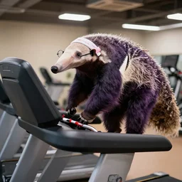 a purple anteater with glasses and a sweatband exercising on a treadmill in a gym
