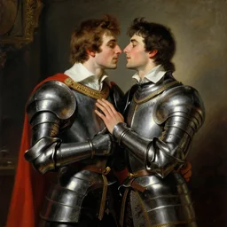 attractive fully clothed prince confesses his love for his attractive fully clothed male knight. highly detailed painting by gaston bussiere, craig mullins, j. c. leyendecker 8 k