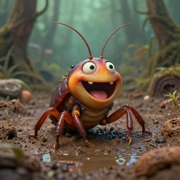 of an intricate murky clay swamp with strange cute friendly laughing cockroach character with funny face, in the style of craola, macro lens, shallow depth of field, highly detailed, digital painting, trending artstation, concept art, illustration, cinematic lighting, vibrant colors, photorealism, epic, octane render