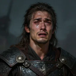 half - length portrait of a male warrior crying. in tears, emotions, emotional, dramatic. fantasy, digital painting, hd, detailed.
