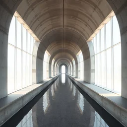 a recording of a liminal concrete pathway, straight concrete walls, arcs, indoors, white narrow windows, twisted perspective, stretching to infinity, flooded with clear pool water, rays of sunlight, hazy, very detailed, realistic