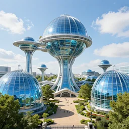 giant futuristic zoo built in london, with blue glass domes, sunny day, wide view, volumetric light, hyperdetailed, artstation, cgsociety, 8 k