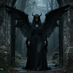 An angel shrouded in darkness stands before the gates of hell