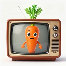 a 1950’s TV set showing a full color image of an anthropomorphic carrot
