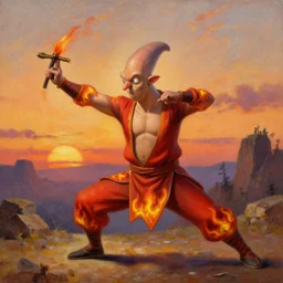 [ squidward ] wearing fire nation clothing and practicing firebending outside at susnset, oil painting, highly [ detailed ], intricate, hd, photorealistic, by [ moebius ] and greg rutkowski and thomas kinkade, trending on artstation, trending on cgsociety, realistic shading and lighting, big nose