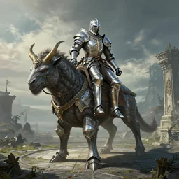 highly detailed elden ring portrait photo of a giant chrome knight mounting a giant mumakil. both standing in the middle of a huge tiled battlefield in scenic environment, dramatic light, hyperrealistic illustration by william didier - pouget