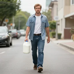 white man walking down the street with a gallon of milk
