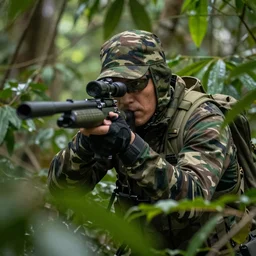 camouflaged sniper hidden in jungle bushes aiming, dense foliage, trending on artstation, 4 k, hyperrealistic,