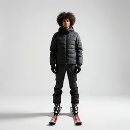 afro-haired skier in gear, cinematic studio photo, full body, standing, isolated on a pure white background, centered, whole figure in frame, sharp focus, studio lighting