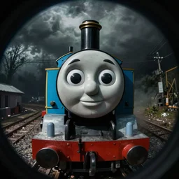 creepy found footage of Thomas the tank engine super close up zoom fish eye staring at you terrifying backrooms horror
