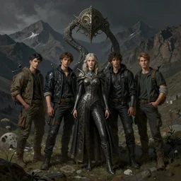of Willow team in Armenia hiking at a weekend and posing with mountains on the background, dark fantasy, medium shot, intricate, ornate, elegant, highly detailed, digital painting, volumetric light, artstation, concept art, smooth, sharp focus, illustration, art by Gil elvgren and charlie bowater and greg rutkowski and alphonse mucha