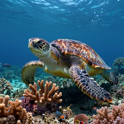 the majestic sea turtle eats beautiful coral amongst the brightly colored sea life, digital art artstation