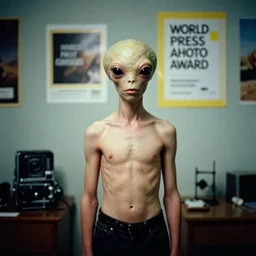 photography portrait of a cool teenage humanoid alien in a 9 0 s room, hasselblad, kodachrome, film grain, iso 1 0 0, f 8, world press photo award, national geographic, teenage alien documentary photo series