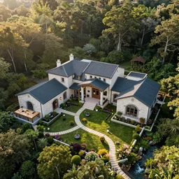 large homestead complex with main house guest houses, studio workshop in modern hobbit mediterranean architectural styles and a central garden surround by a forest with a creek aerial view