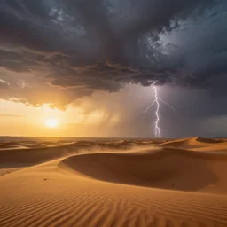 photograph of sahara sand dunes, underneath a dramatic thunderstorm sky at sunset. golden sun setting on the horizon. wind and lightning and rain. dust storm. style of a national geographic photo. 4 k. colorful. highly detailed.