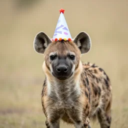 A hyena wearing a birthday hat