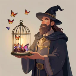 wizard holding a cage, with butterflies fluttering out, detailed award-winning digital 2d fantasy art, trending on ArtStation